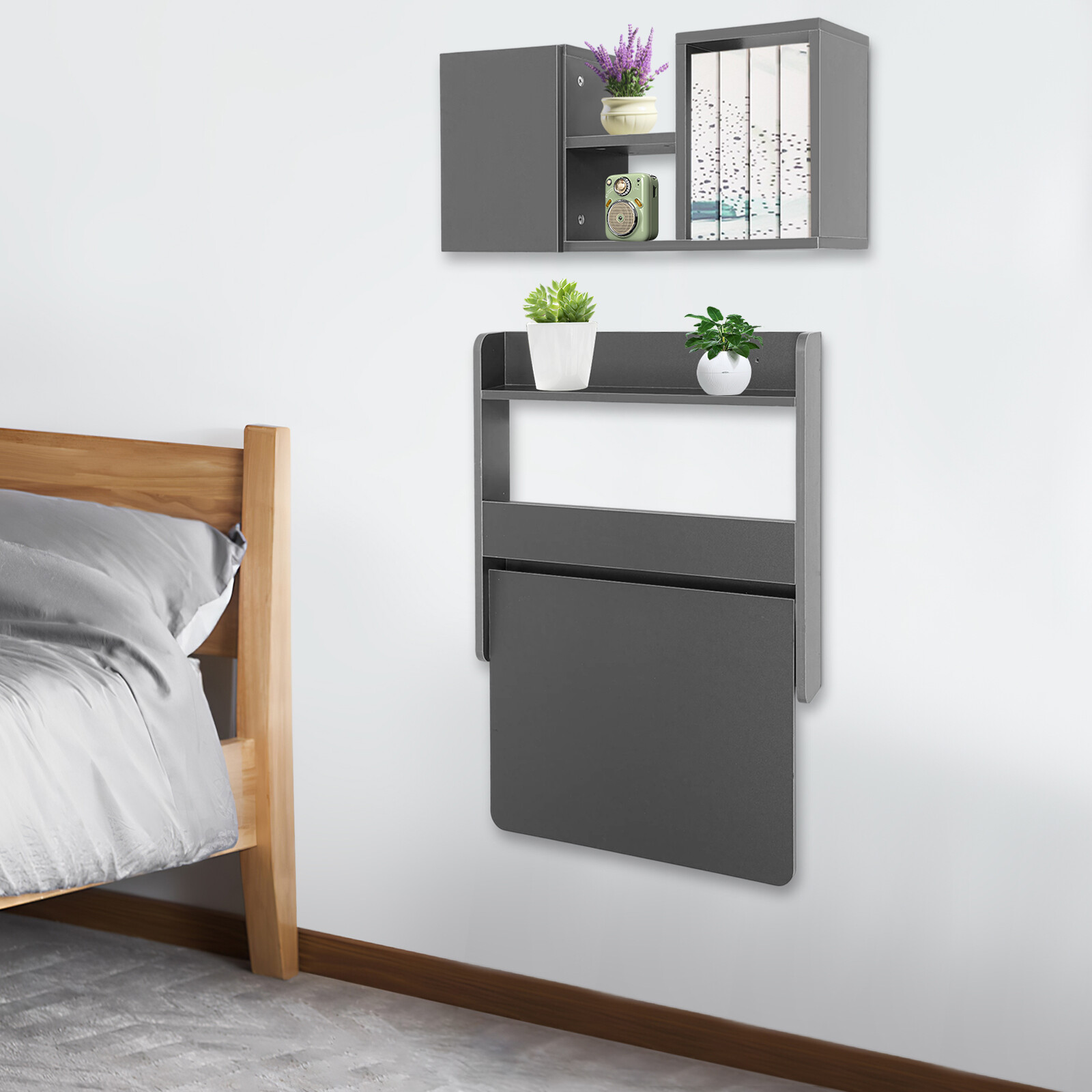Folding Space Saving Wall Mounted Bookshelf, Fold Down Laptop Desk Workstation