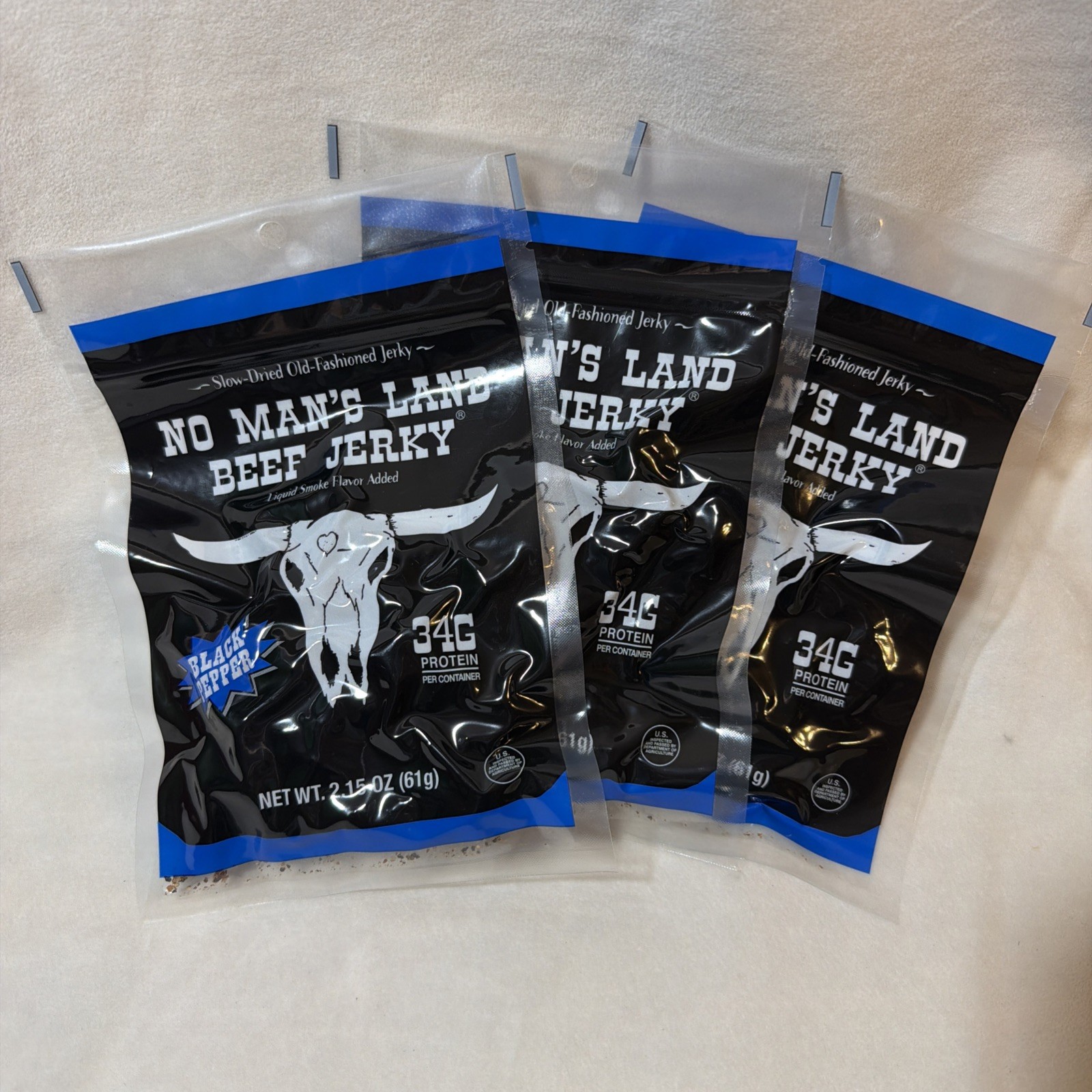 (3 ) No Mans Land Beef Jerky 2.15 oz Black Pepper Premium Jerky Expires 04/2027