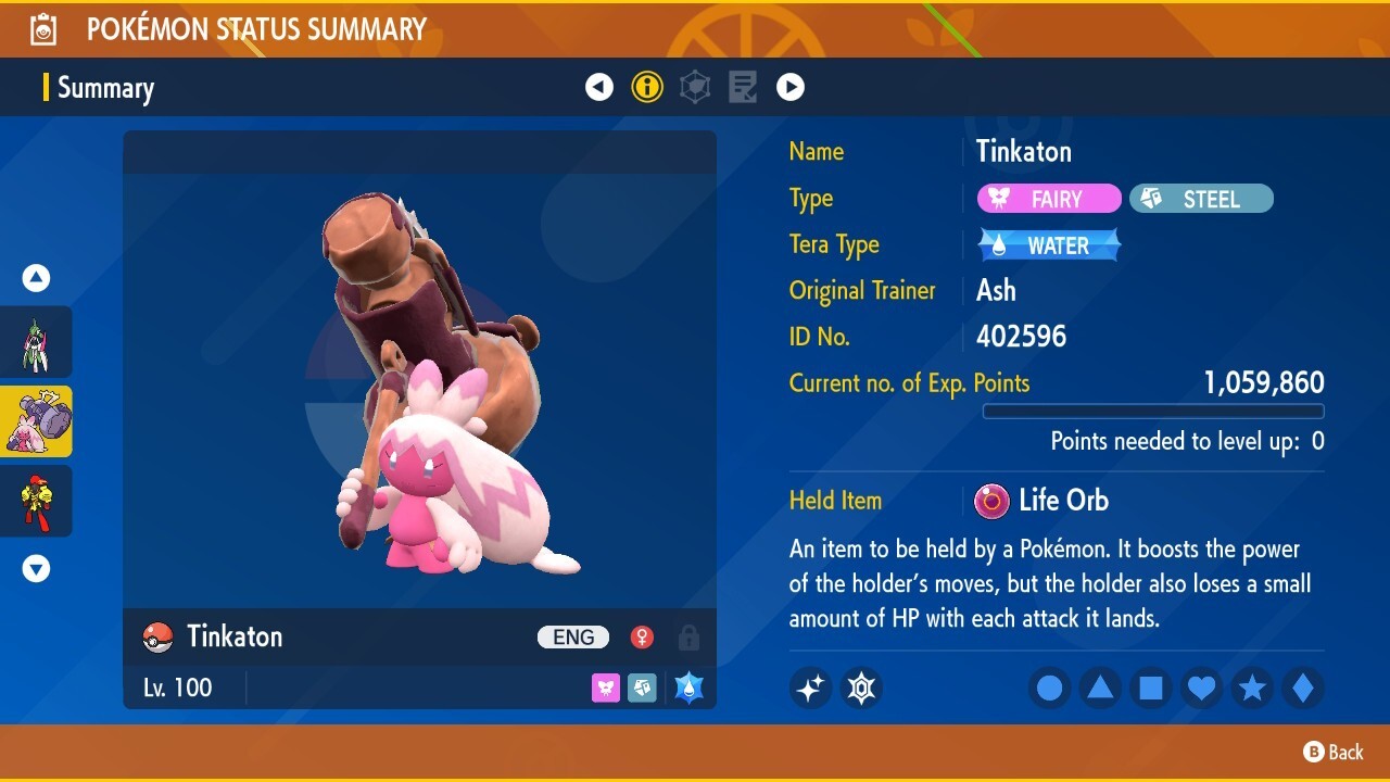 Shiny Tinkaton 6IVs Tera Type: Water Pokémon Scarlet and Violet