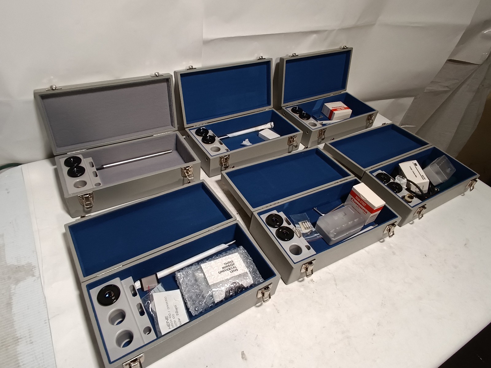 Lot of 6: Haag-Strit Slit Lamp 900 Asstd Accessories in Metal Latch Case Box