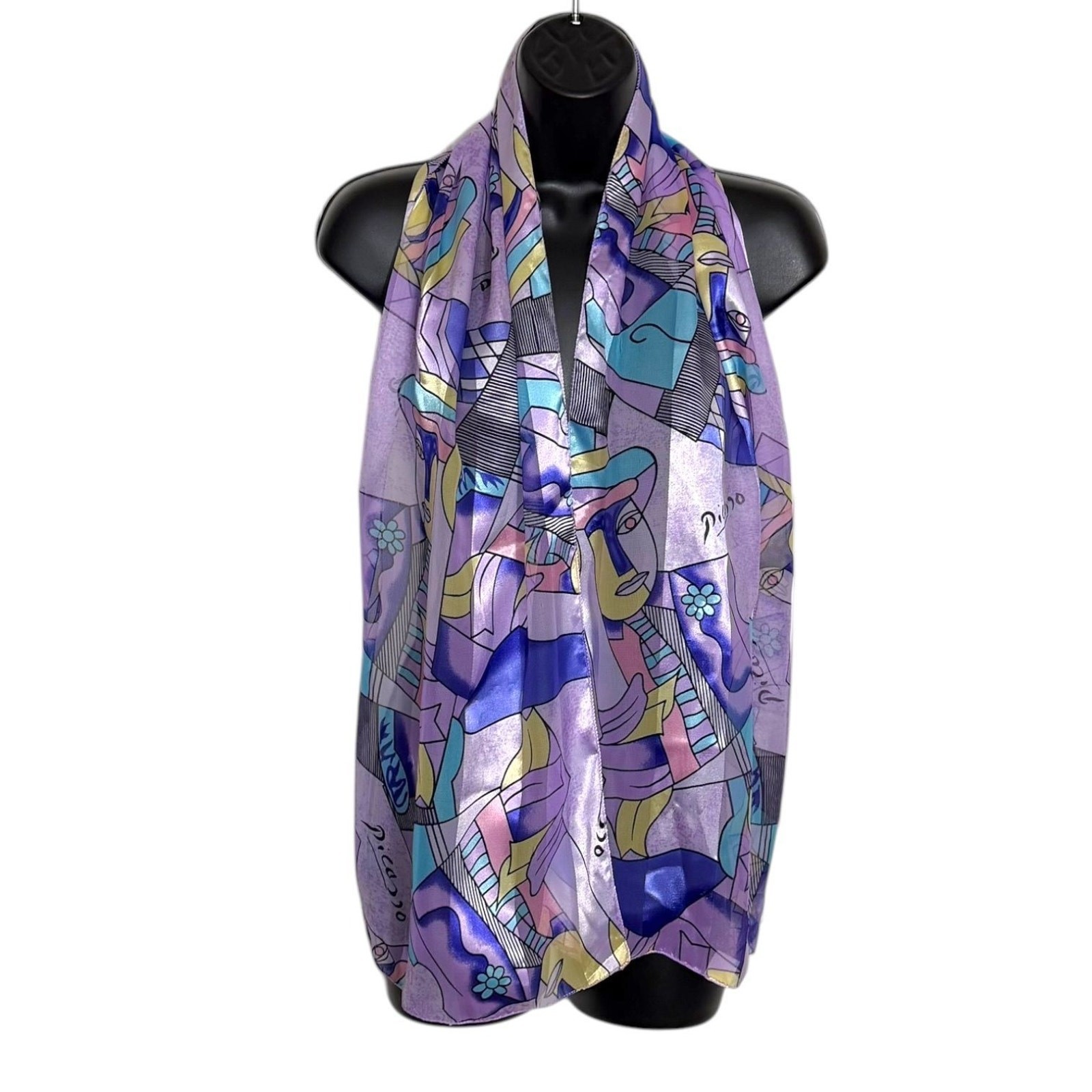 VINTAGE PICASSO ABSTRACT FACE ART PRINT SCARF PURPLE CUBIST LILAC OBLONG WRAP