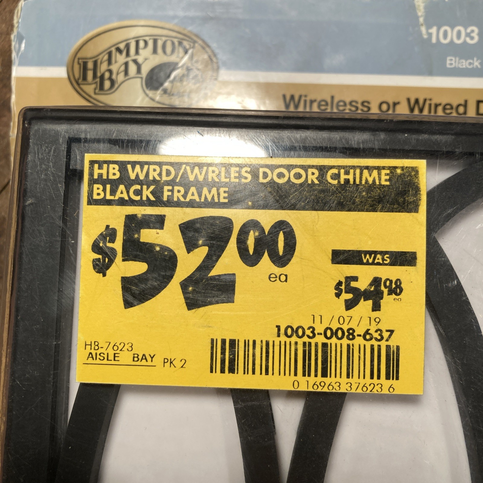 Hampton Bay Wireless or Wired Door Bell in Black frame w/White insert