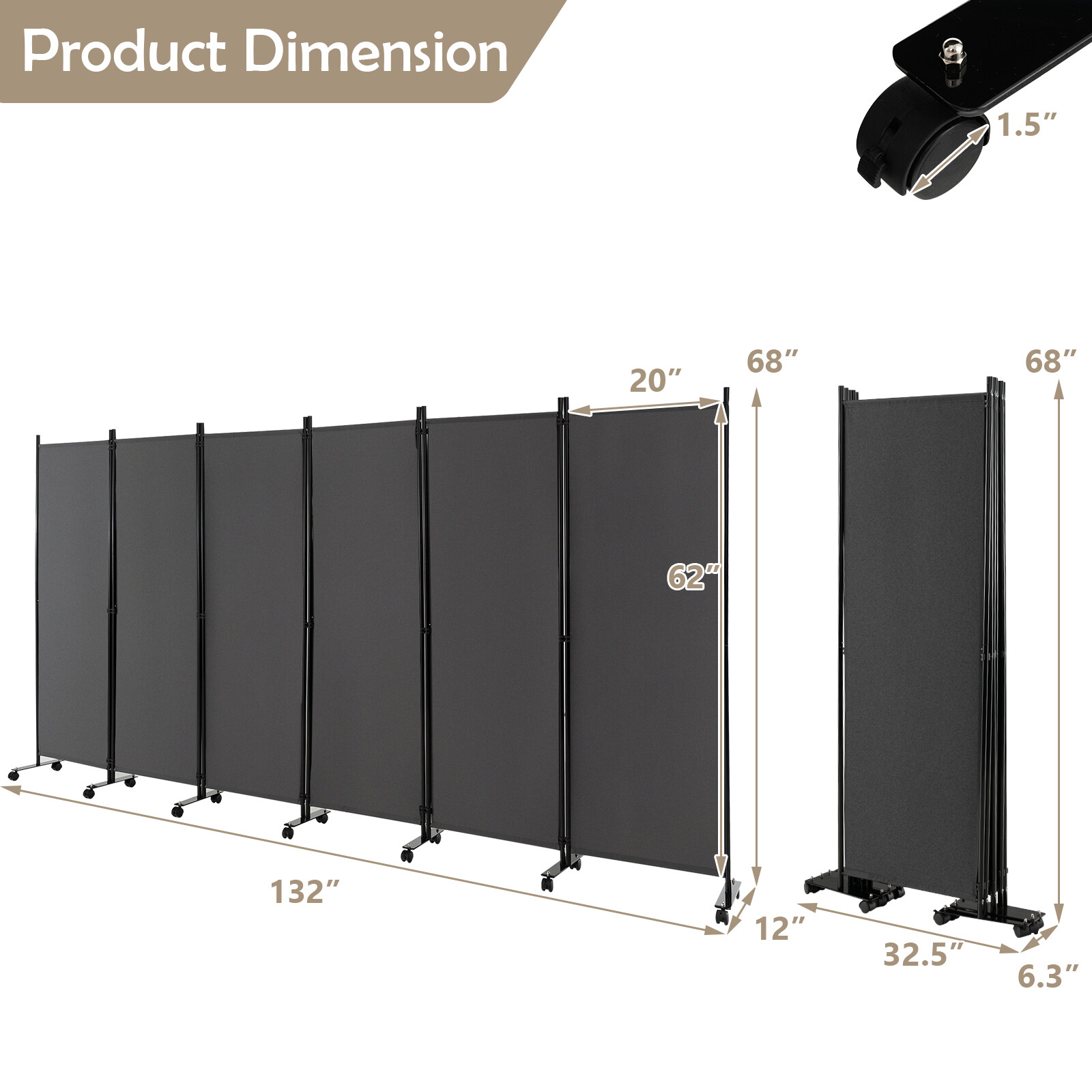 6-Panel Folding Room Divider 6FT Rolling Privacy Screen w/ Lockable Wheels Grey