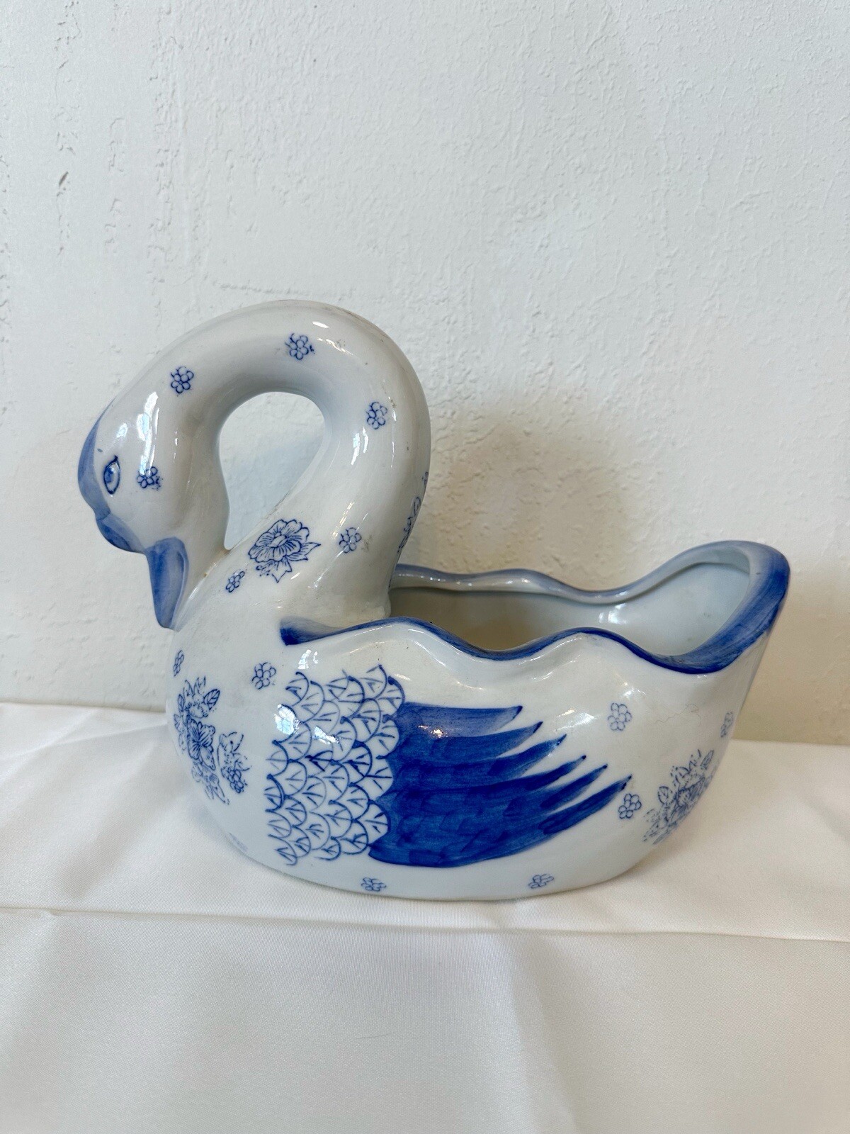 Japanese Delft Blue Painted Swan Planter 10” By 8” By 5”