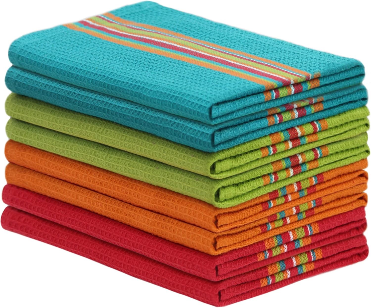 COTTON CRAFT Salsa Stripe Kitchen Towel - Set of 8 Pure Cotton Absorbent Waff...
