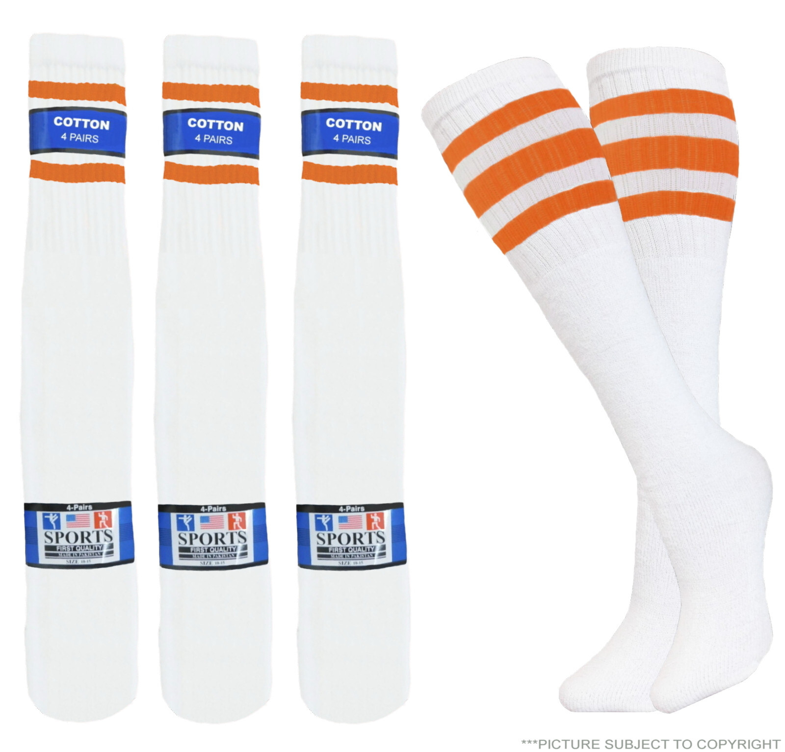 12 PK TUBE SOCKS COTTON  OLD SCHOOL ORANGE STRIPES LONG SOCKS 21 INCH SIZE 10-15