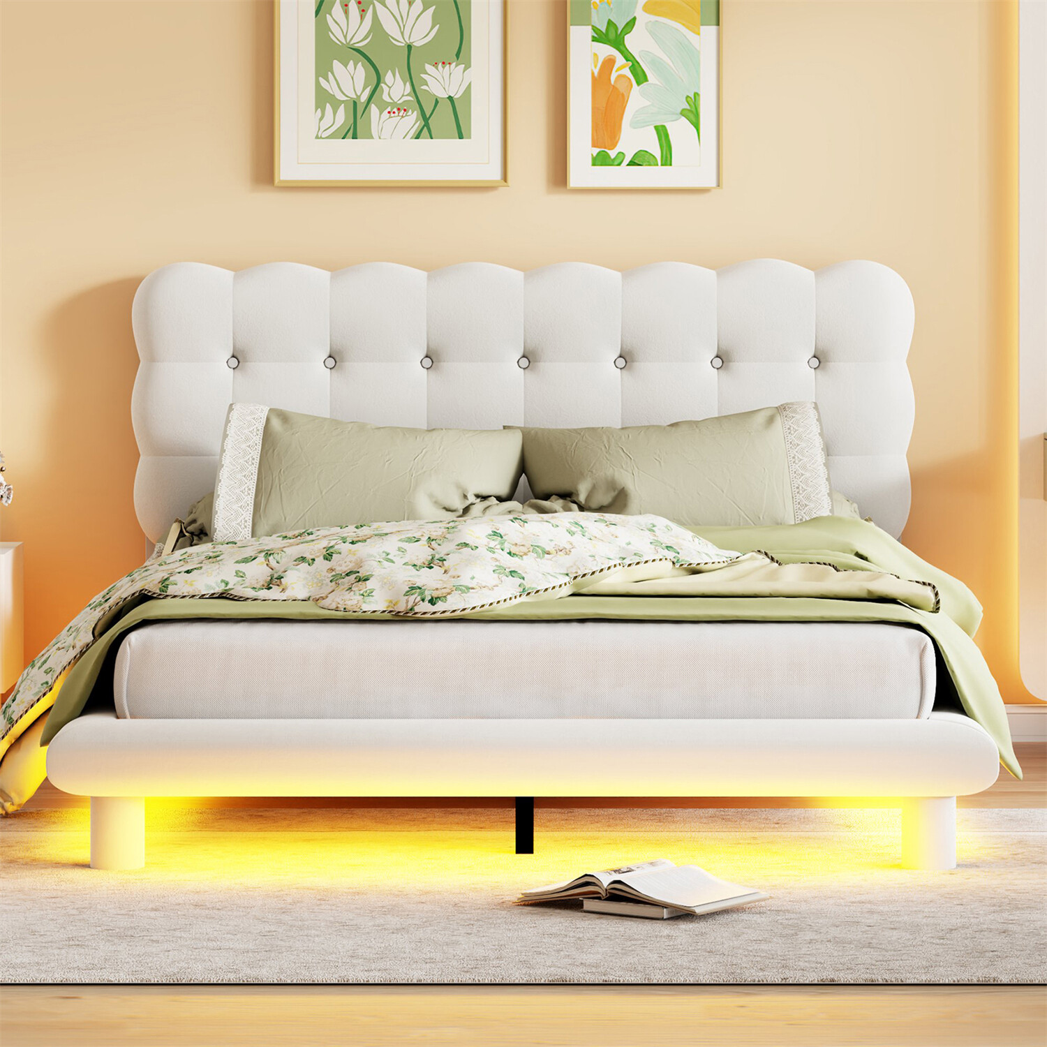 Queen Size Bed Frame Upholstered Platform Bed Frame w/ LED Lights US