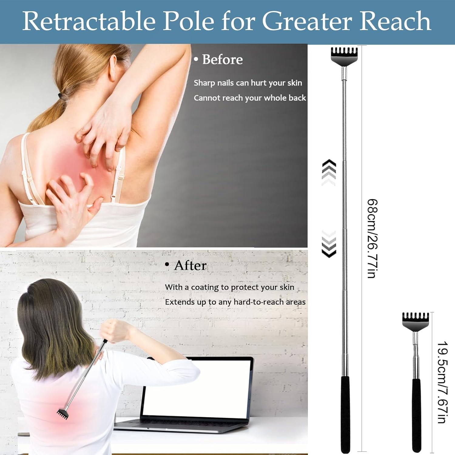 3 Pack Extendable Metal Back Scratcher Telescopic Hand Massager Adults