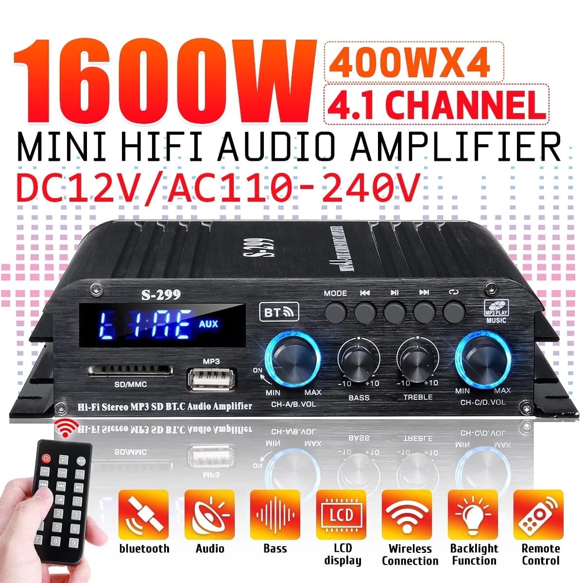 1600W Bluetooth Audio Power Amplifier, 4.1 Channel Support 2 Pairs Speakers 1...