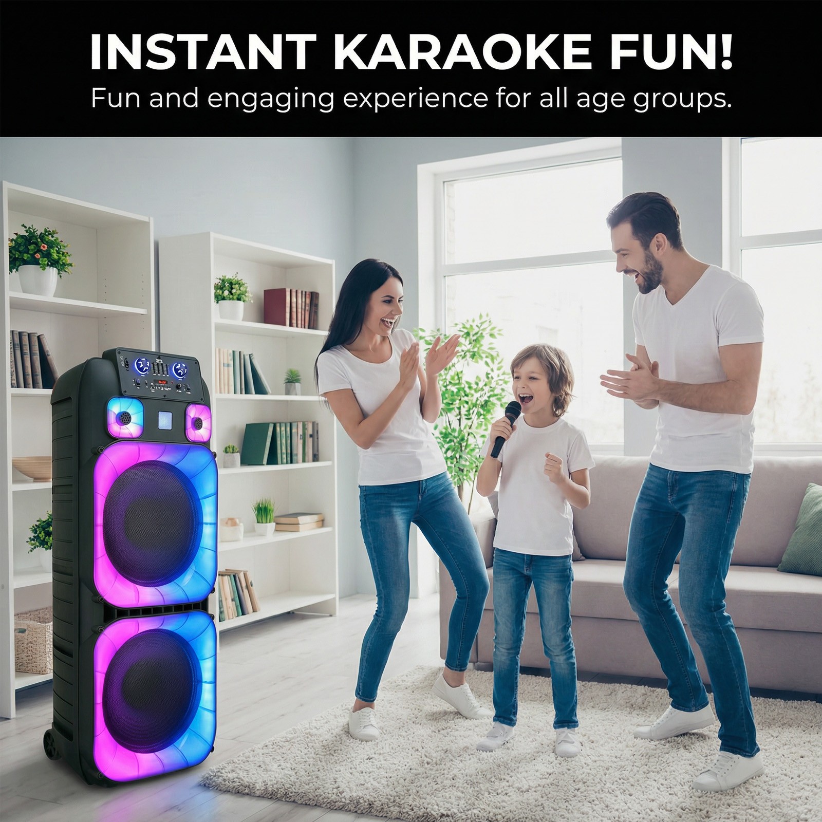 Dual 15" Massive Speaker Wireless Mic TWS PA System Party Speaker LED Lights USB