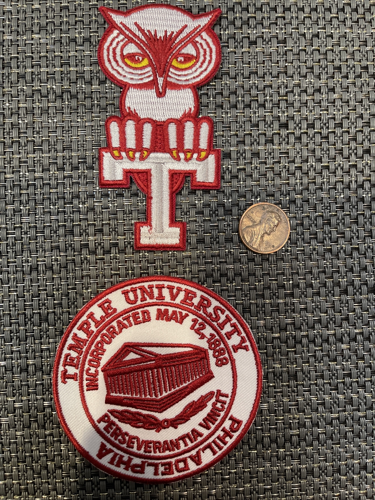 (2) Temple University owls vintage iron on embroidered patch 3” & 3.5 X 1.75