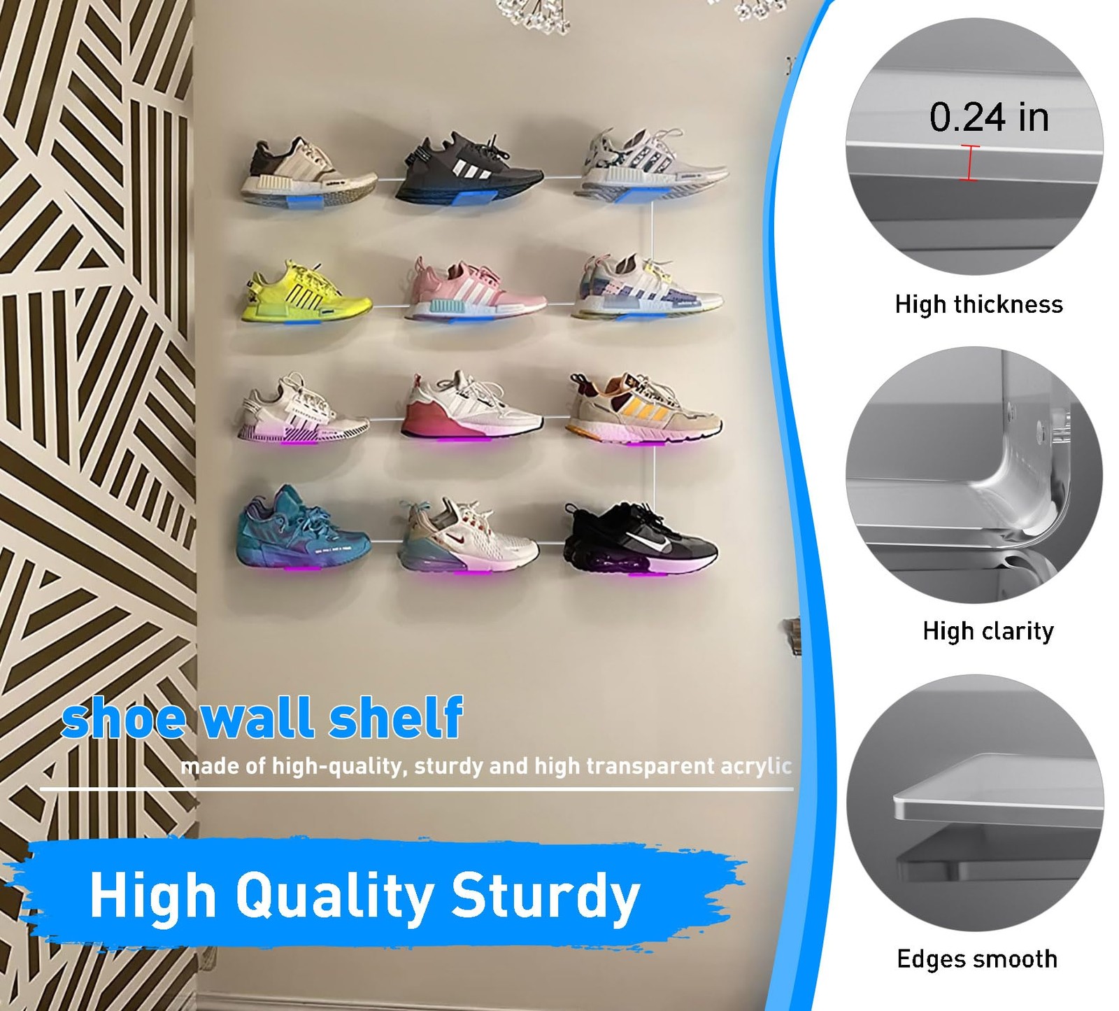 Floating Shoe Display Shelf Set of 6 with Lights, Glow Color Changing Wall Sh...