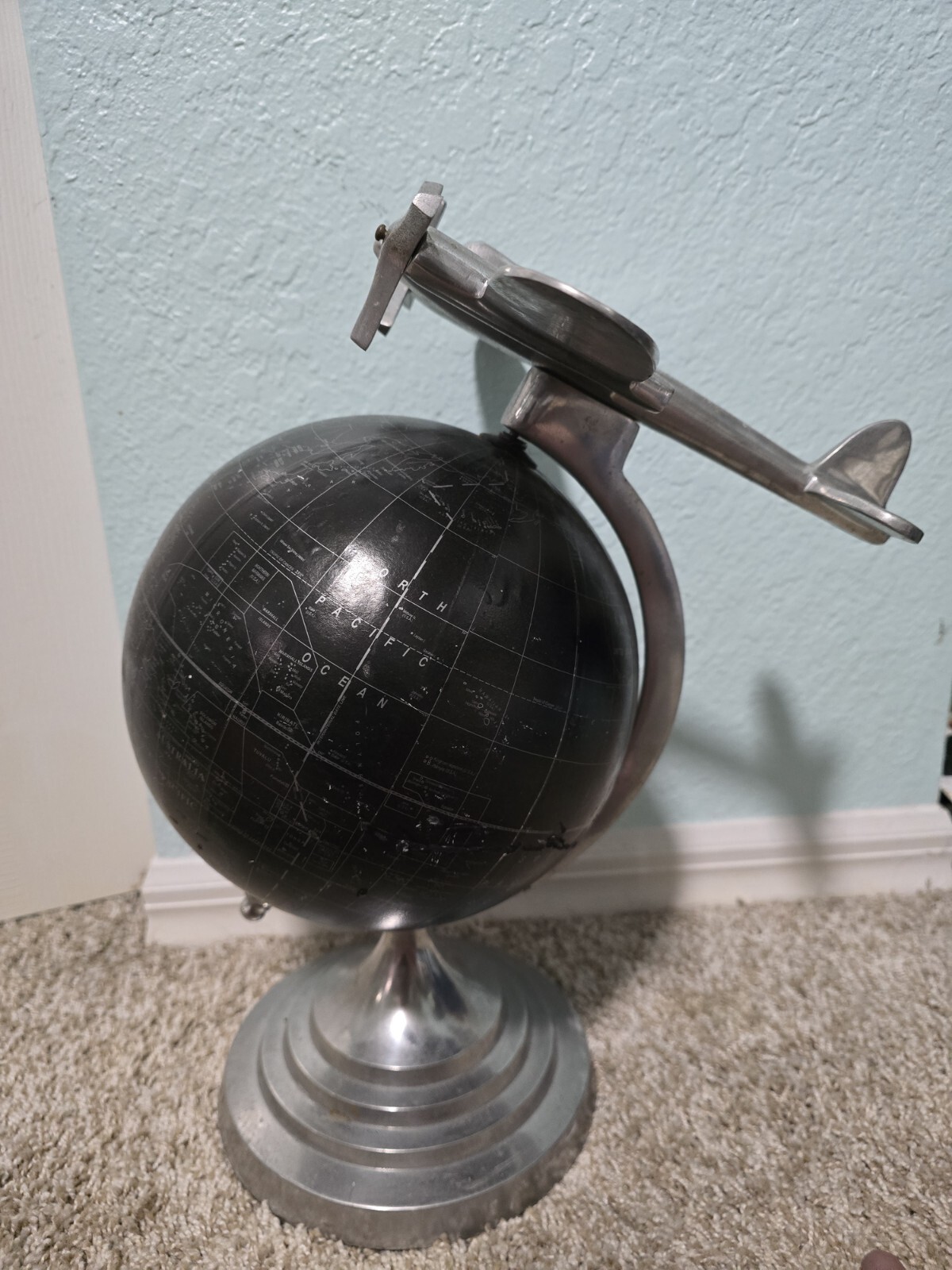 Vintage World Globe Black & Silver Metal Plane 16" Tall Tabletop Desktop