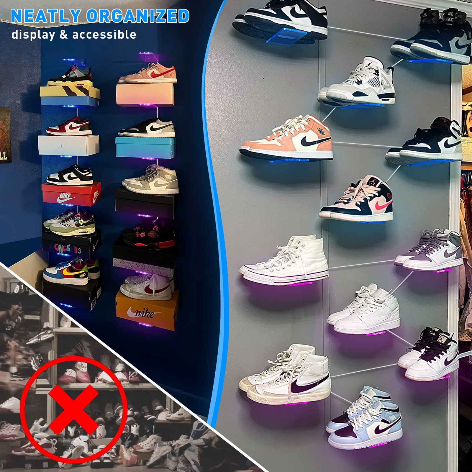 Floating Shoe Display Shelf Set of 6 with Lights, Glow Color Changing Wall Sh...