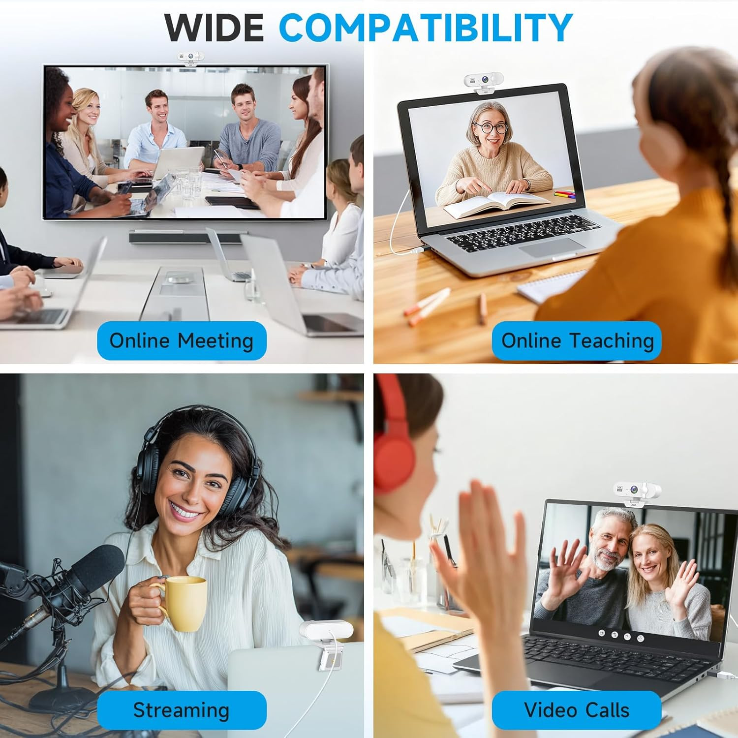 White 4K Webcam for PC with Microphone, Computer Camera with Noise