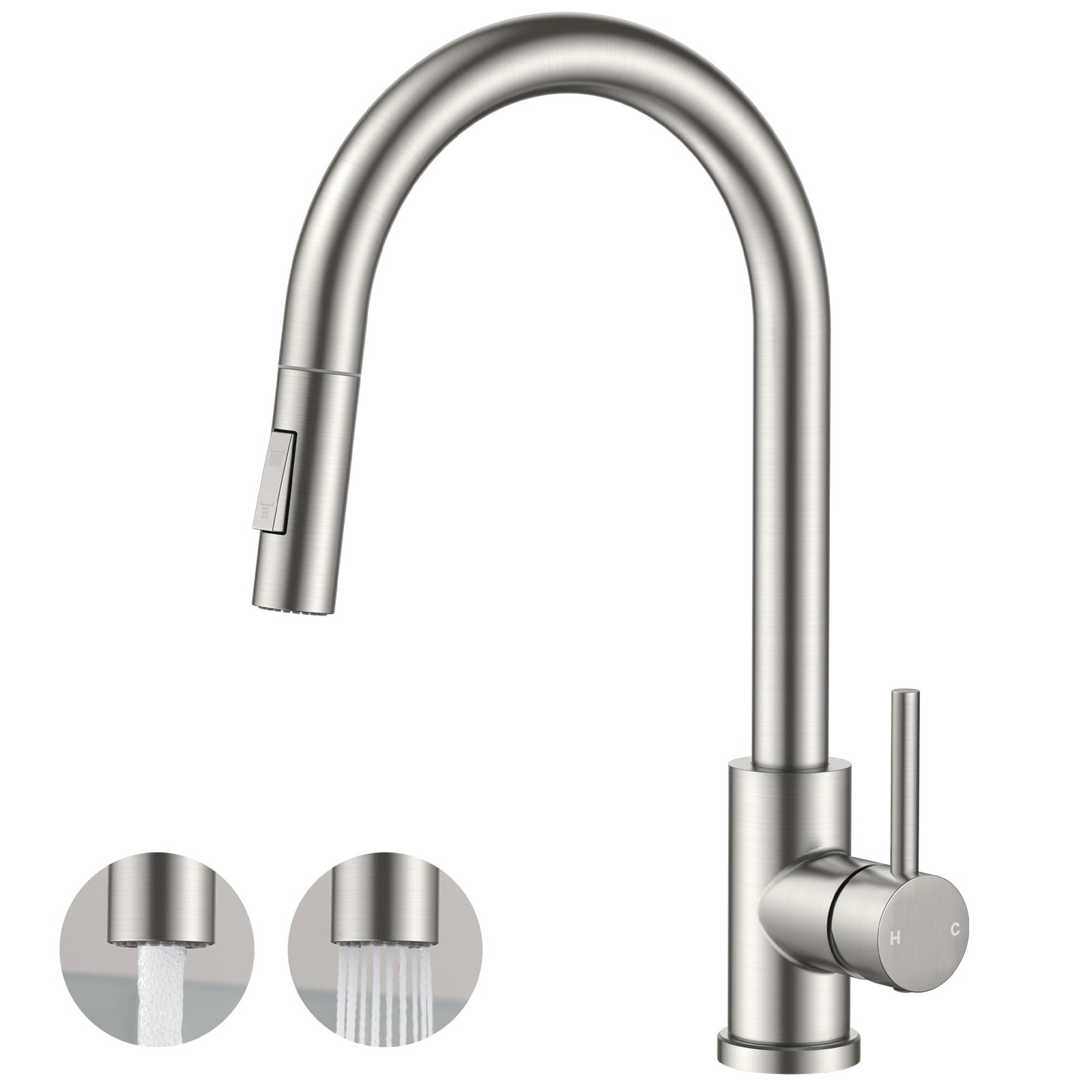 FORIOUS Kitchen Faucet, 2-Mode Pull Down Sprayer, Classic Stainless Steel