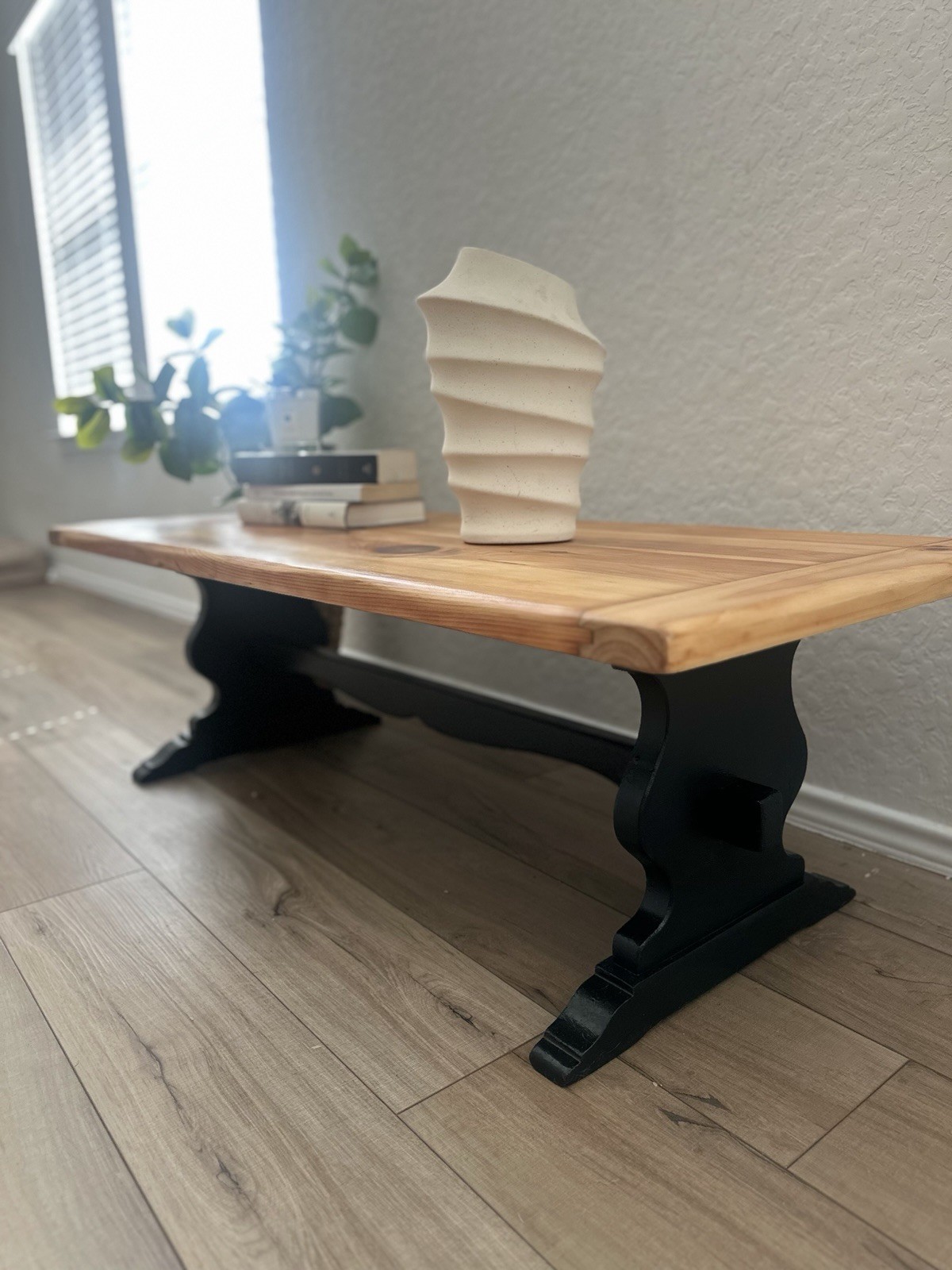 Rustic Light Brown Wood Bench with Black Base Primitive Indoor Furniture