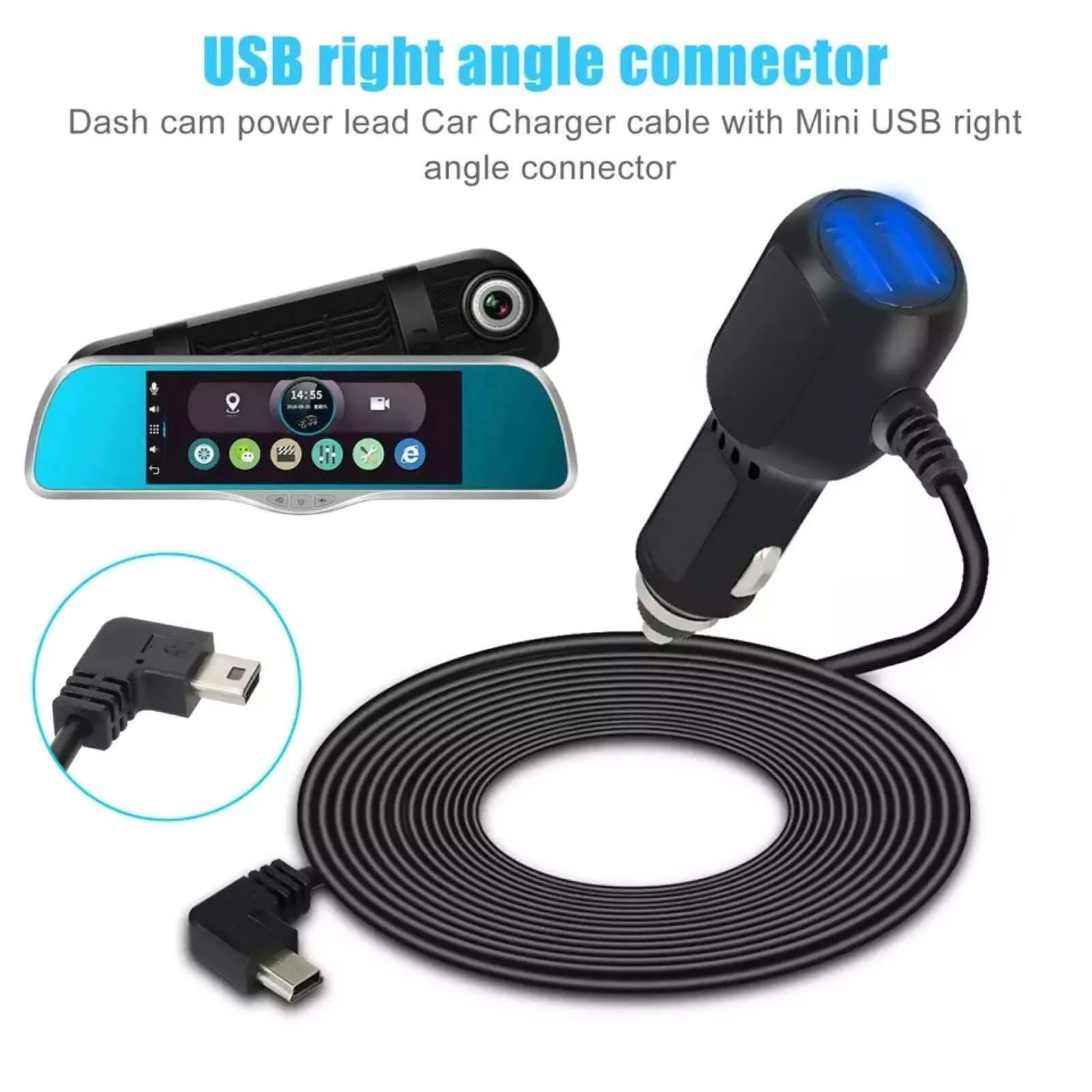 Plastic+Copper Car Charger Cable Power Cord Supply for DVR Camera GPS