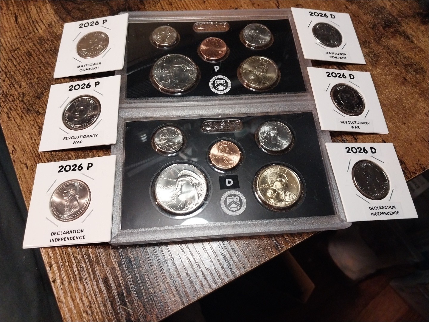 2026 LATEST QUARTERS PLUS DOLLAR -NICKEL W/2025 CENT P AND D IN VINTAGE HOLDERS