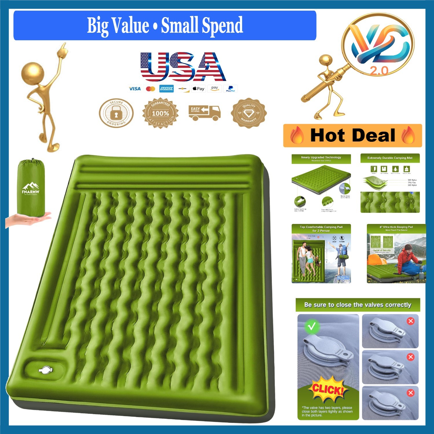 Extra-Thick 6'' Double Camping Sleeping Pad with Built-in Foot Pump Waterproo...