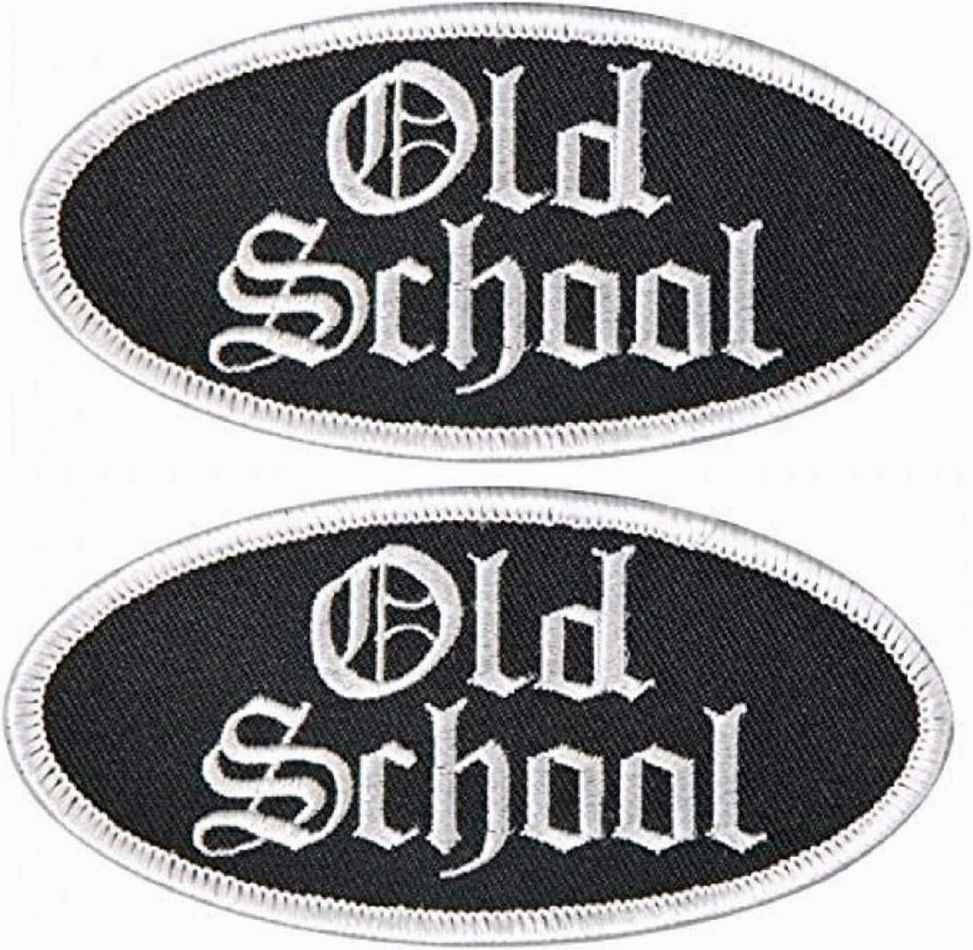 OLD SCHOOL OVAL EMBROIDERED PATCH - 2PC - IRON ON SEW - 4" x 2"