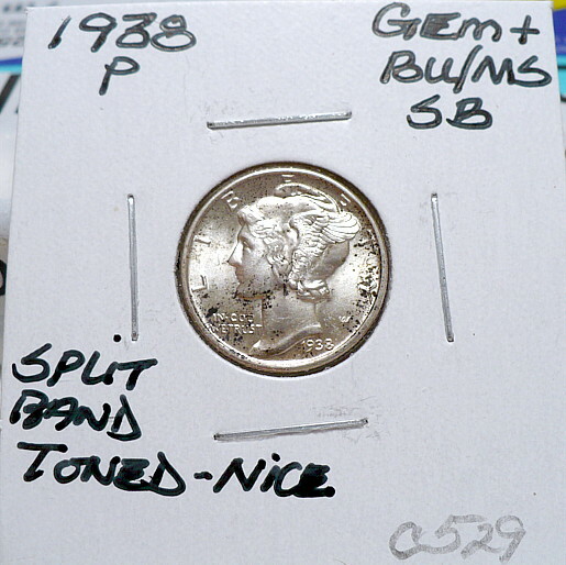 1938-P MERCURY DIME GEM+ BU/MS FSB, NICE+, TONED ORIGINAL, SHARP STRIKE C529