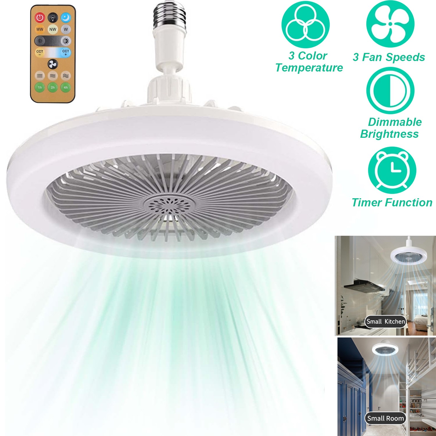 10" Adjustable E27 Socket Ceiling Fan Light 3-Color Temp LED Chandelier w/Remote