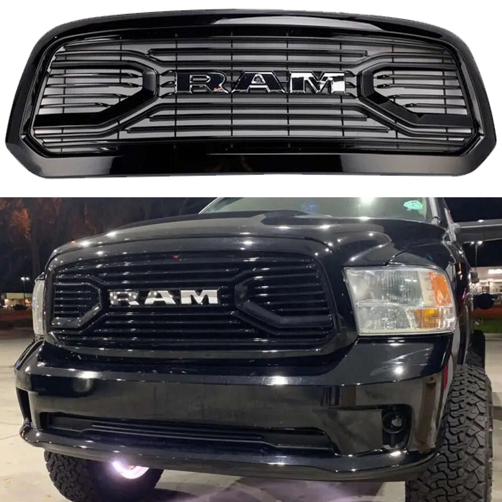Gloss Black Front Grille For 2013-2018 Dodge Ram 1500 Grill W/Chrome Letter ABS