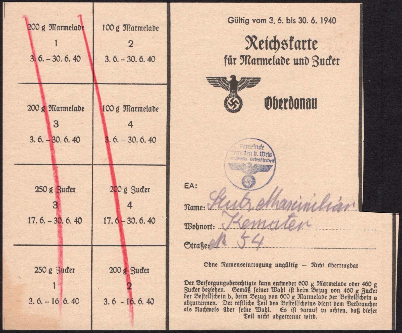Food Rations coupon - WWII - 1940 - Germany Austria / Oberdonau -"H83"