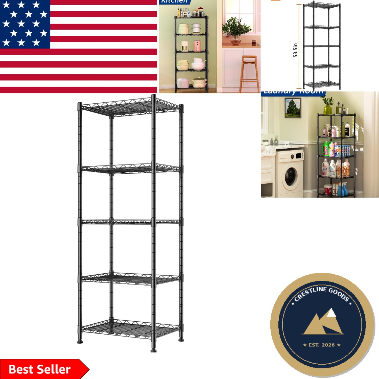 5-Tier Adjustable Metal Storage Rack - 500 lb Capacity, Black Finish