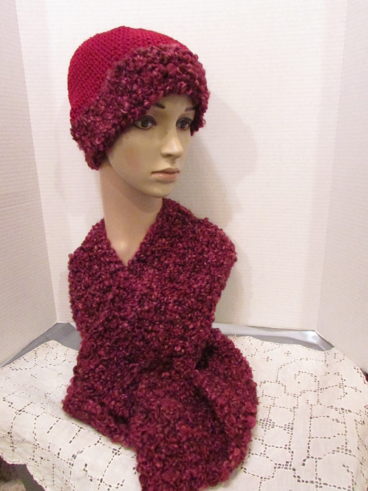 NEW Handmade Crochet Beanie Hat & Scarf Set BURGUNDY RED FLEECE Made in USA