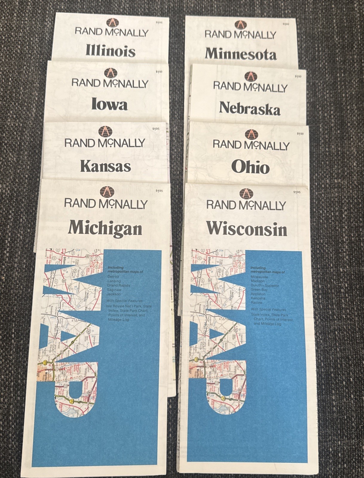 (8) Rand McNally Mid Western State Maps IL IA KS MI MN NE OH & WI See Photos