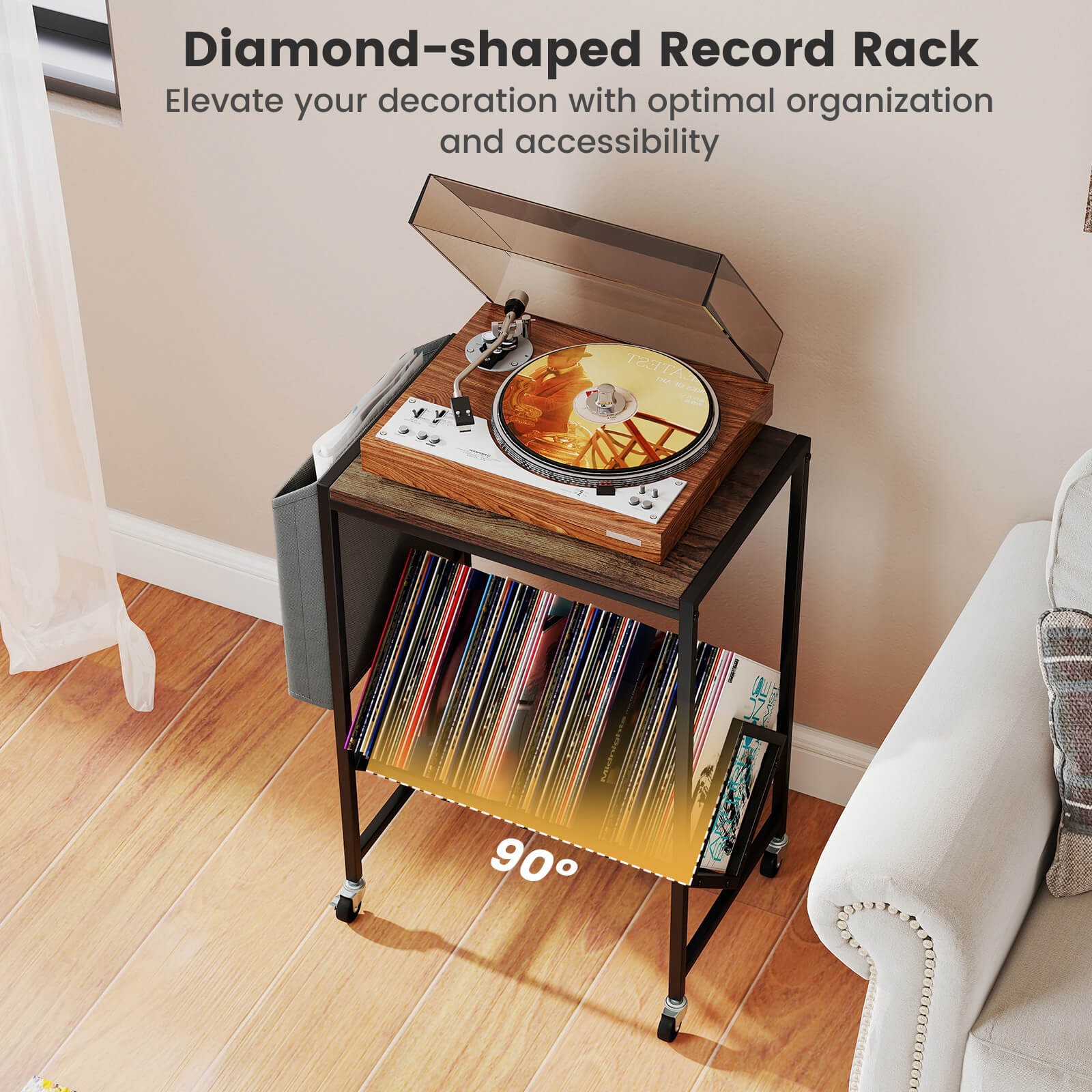 Record Player Stand w/Vinyl Record Storage & Side Storage Pouch, Swivel Wheels