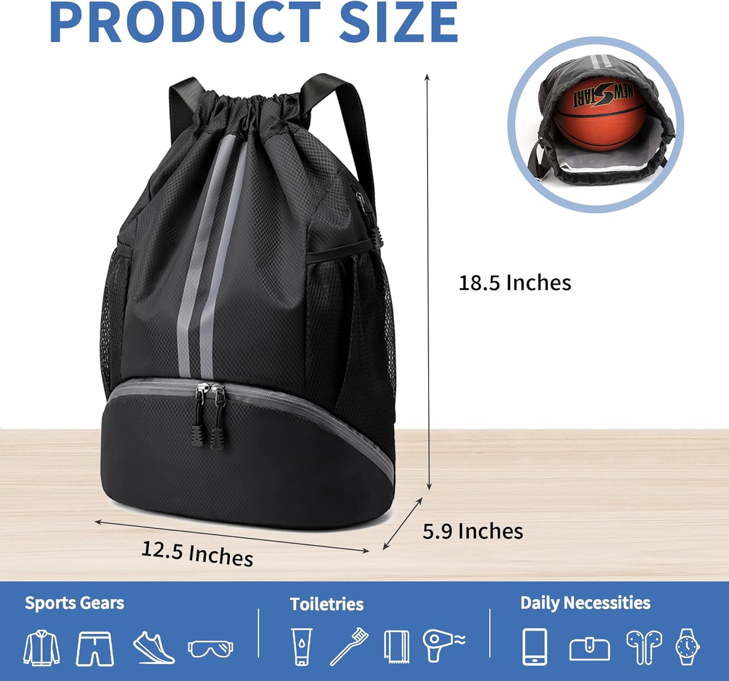 Drawstring Backpack Gym Bag with Shoes Compartment for Soccer, Basketball, Swim,