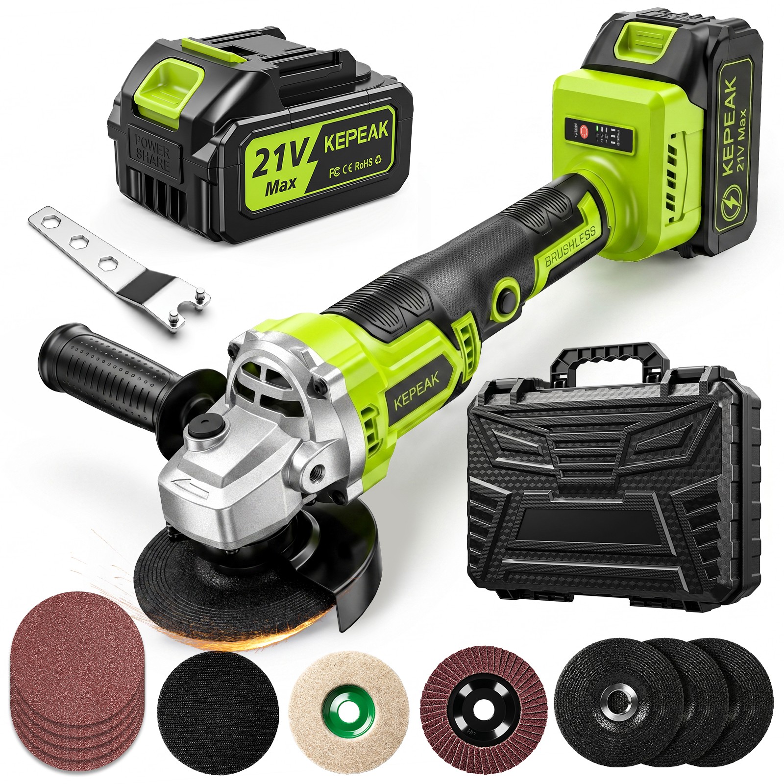 21V Cordless Angle Grinder Kit Handheld Cut Off Tool Brushless Motor w/ Battery