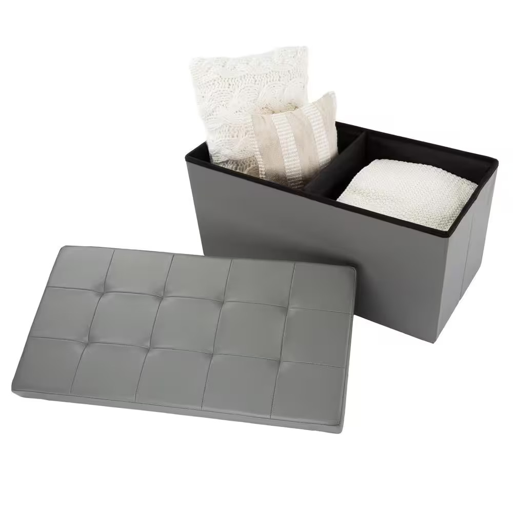 Ottoman Storage Bench Gray Folding Faux Leather Footrest Entryway Chest Stool PU