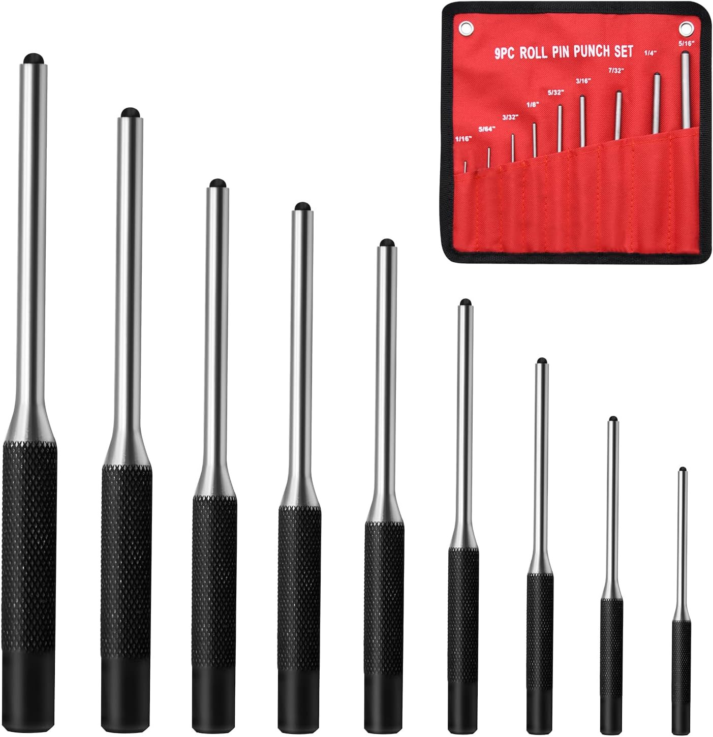 9-Piece Roll Pin Punch Set - Fast Pin Removal - Durable Steel & Construction