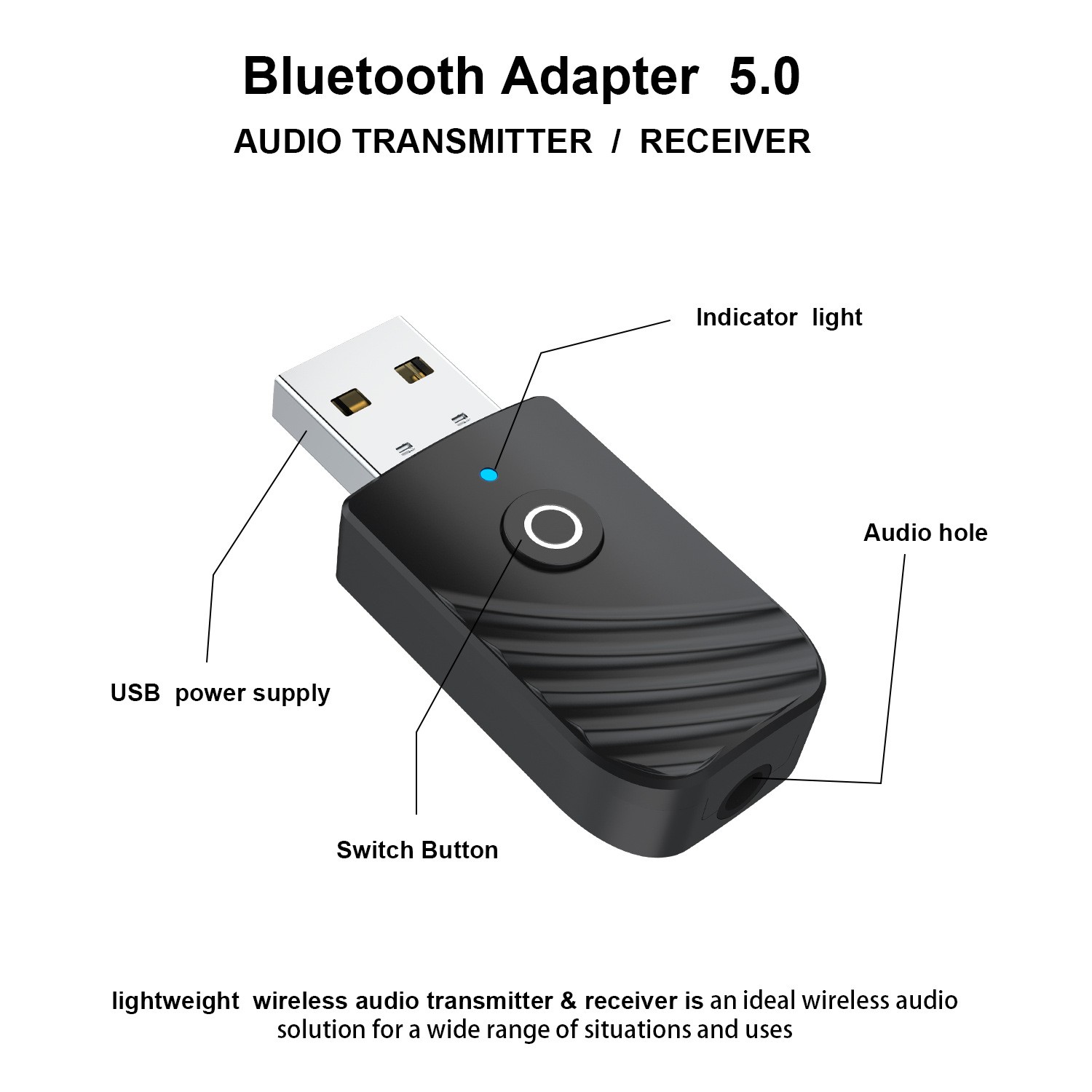 New Wireless USB Bluetooth 5.0 Audio Transmitter Receiver Adapter For PC TV Car