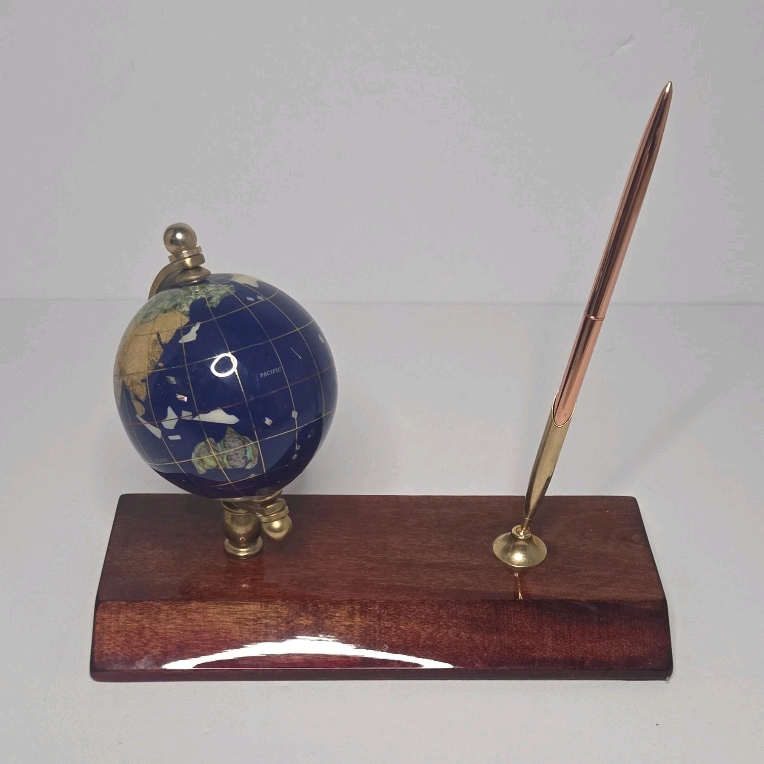 Rotating Tabletop Desk Globe Pen Holder Set, Blue Globe Wood Base Brown/Gold