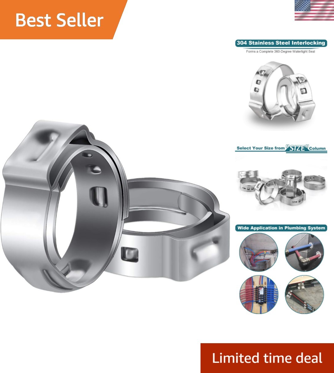 50 Count 1/2 Inch Stainless Steel PEX Clamp Rings for Plumbing Applications