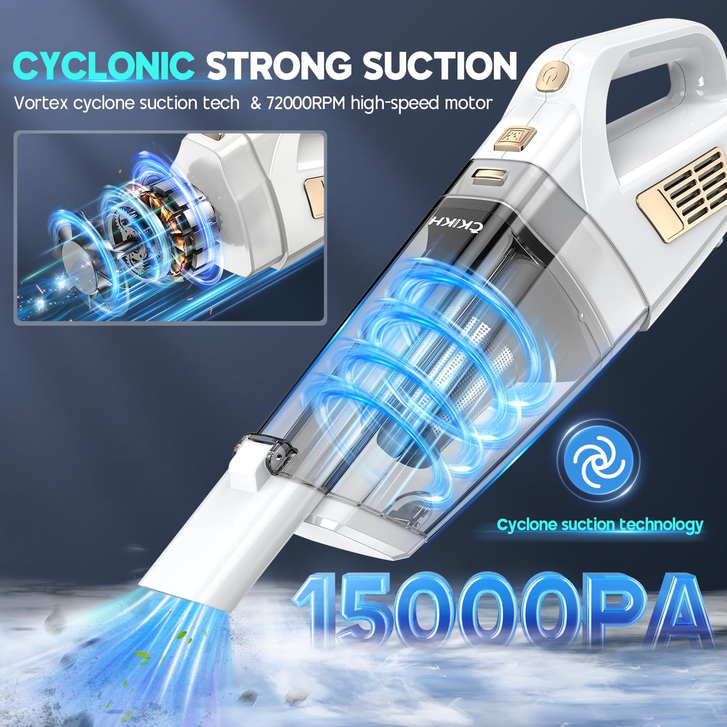 CKIKH Handheld Vacuum Cordless, 15000PA Strong Suction Hand Held White & Gold