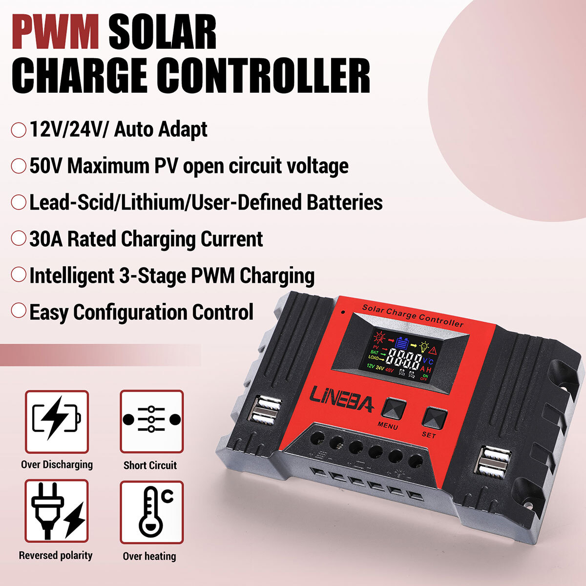 30A 12V/24V AUTO PWM Solar Charge Controller Solar Panel RV Battery PV Regulator
