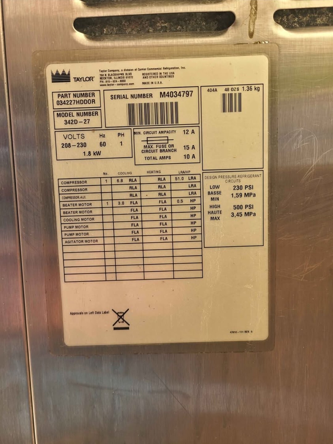 2014 Taylor Model 342-D Slushy Machine | 1 phase, air cooled