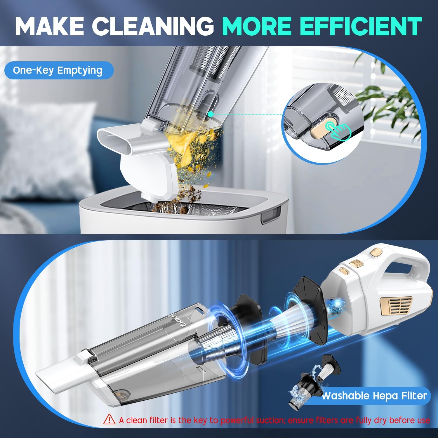 CKIKH Handheld Vacuum Cordless, 15000PA Strong Suction Hand Held White & Gold