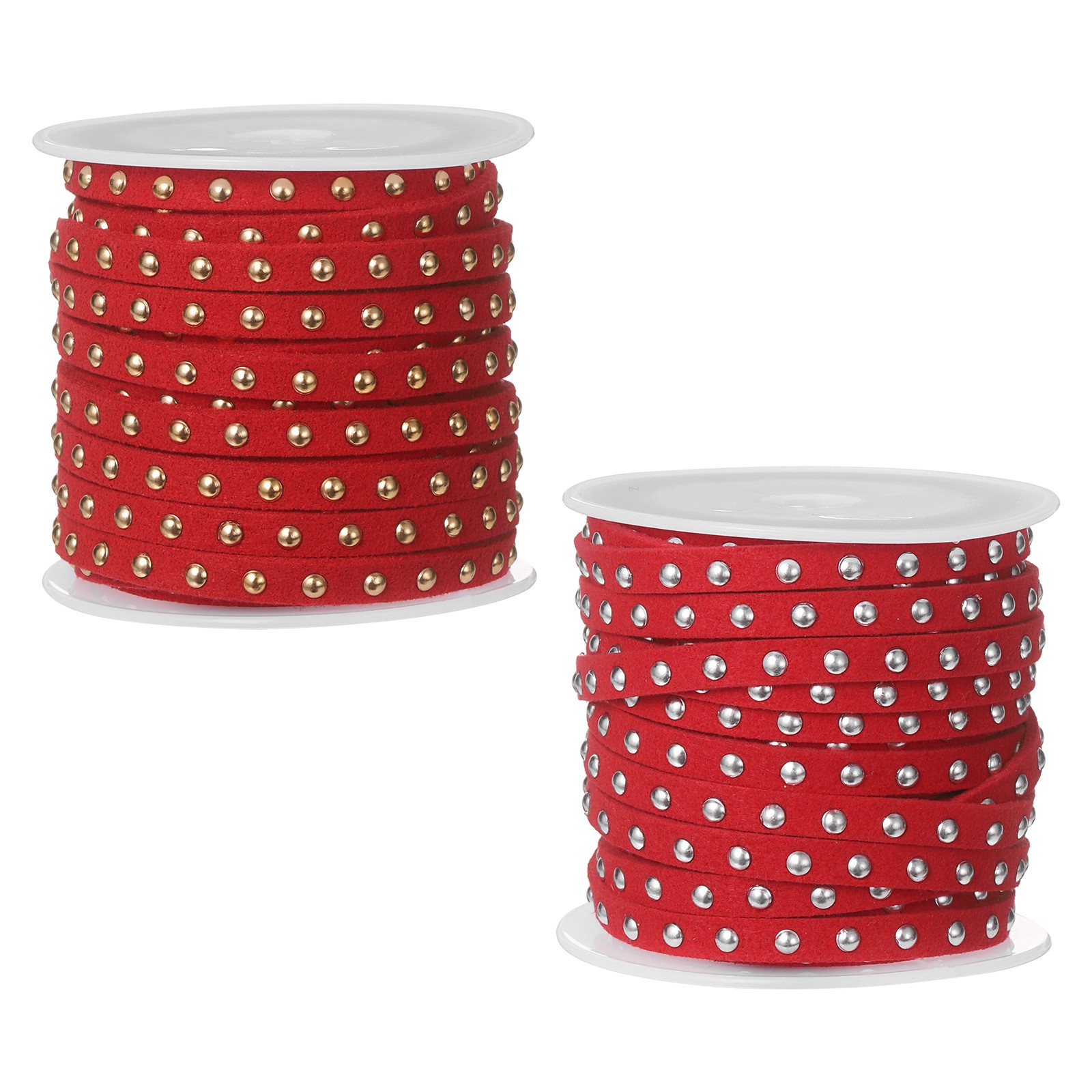 2 Rolls 5.5 Yard Suede Cord, 5mm Wide with Silver Gold Rivets, Red