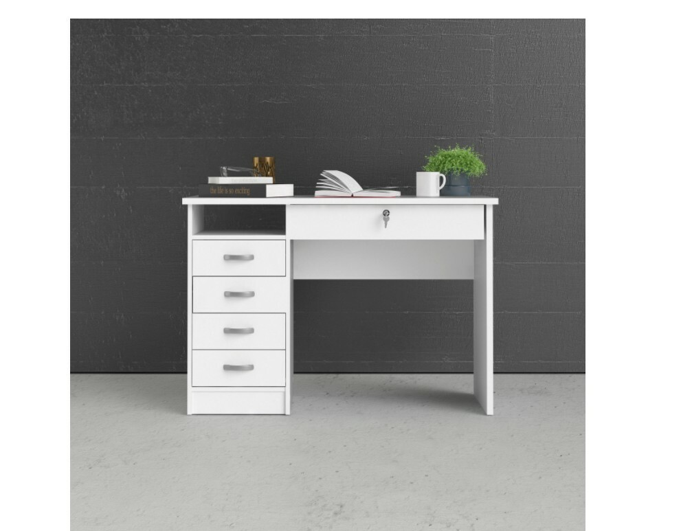 43 in. Rectangular White 5 Drawer Writing Desk with Locking Feature