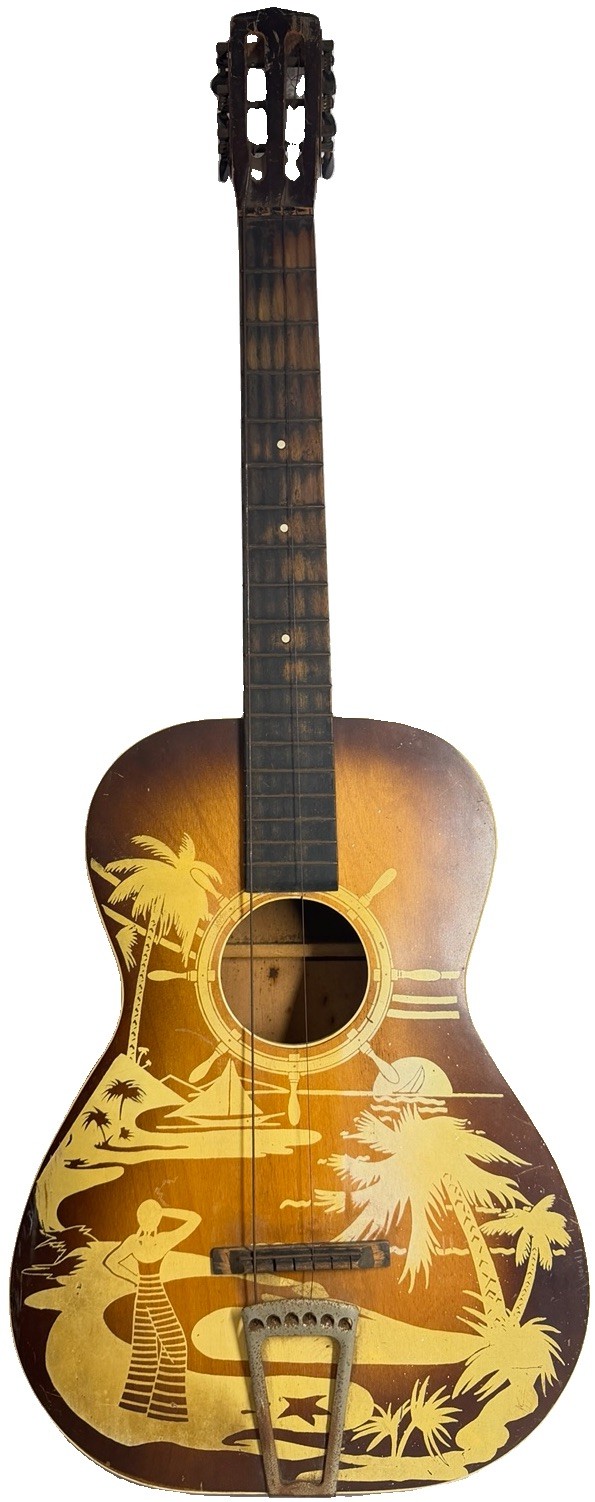 Vintage Parlor Guitar Hawaiian Tropical Stencil