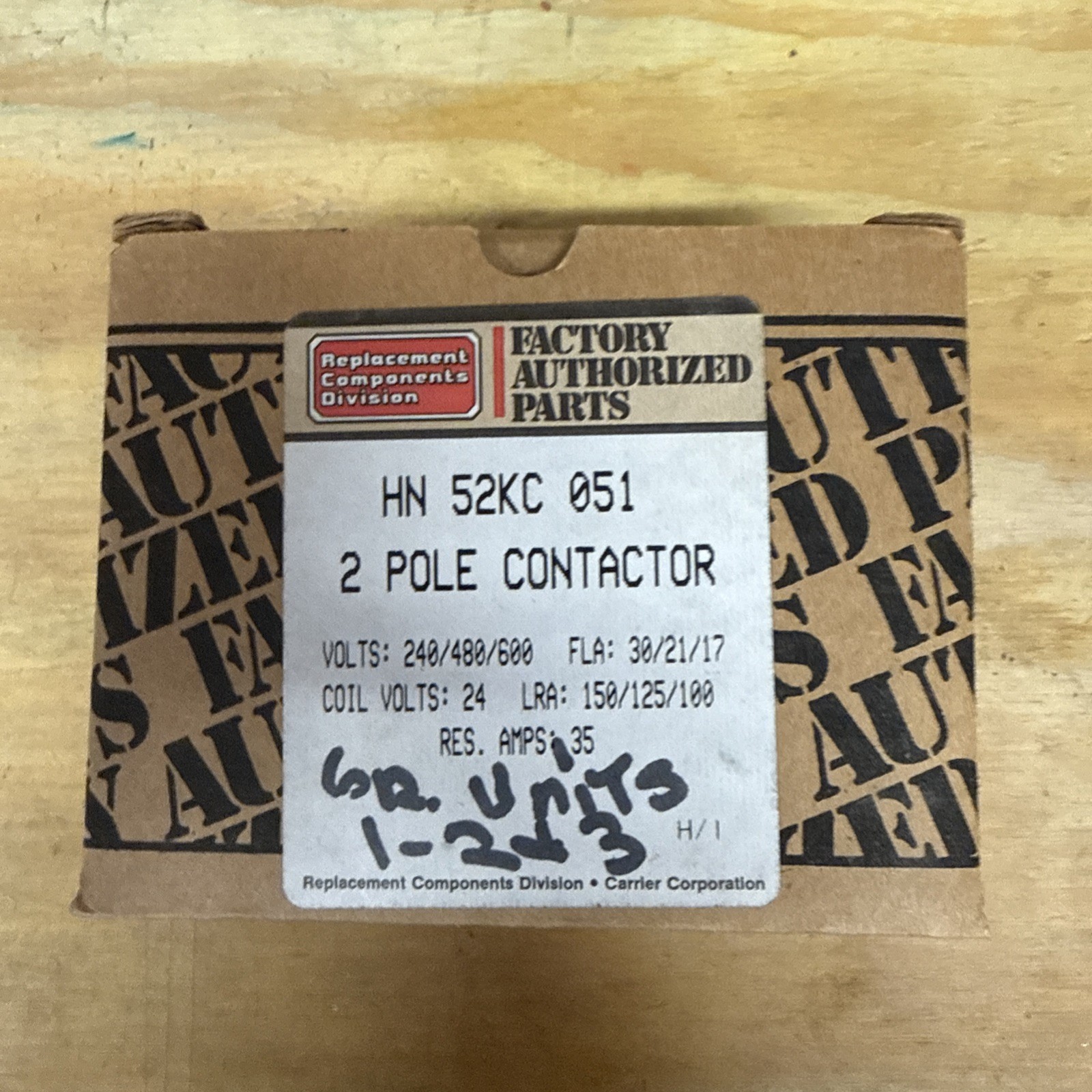 Carrier HN 52KC 051  2 Pole Contactor Volts: 240/480/600 Coil Volts 24 NOS