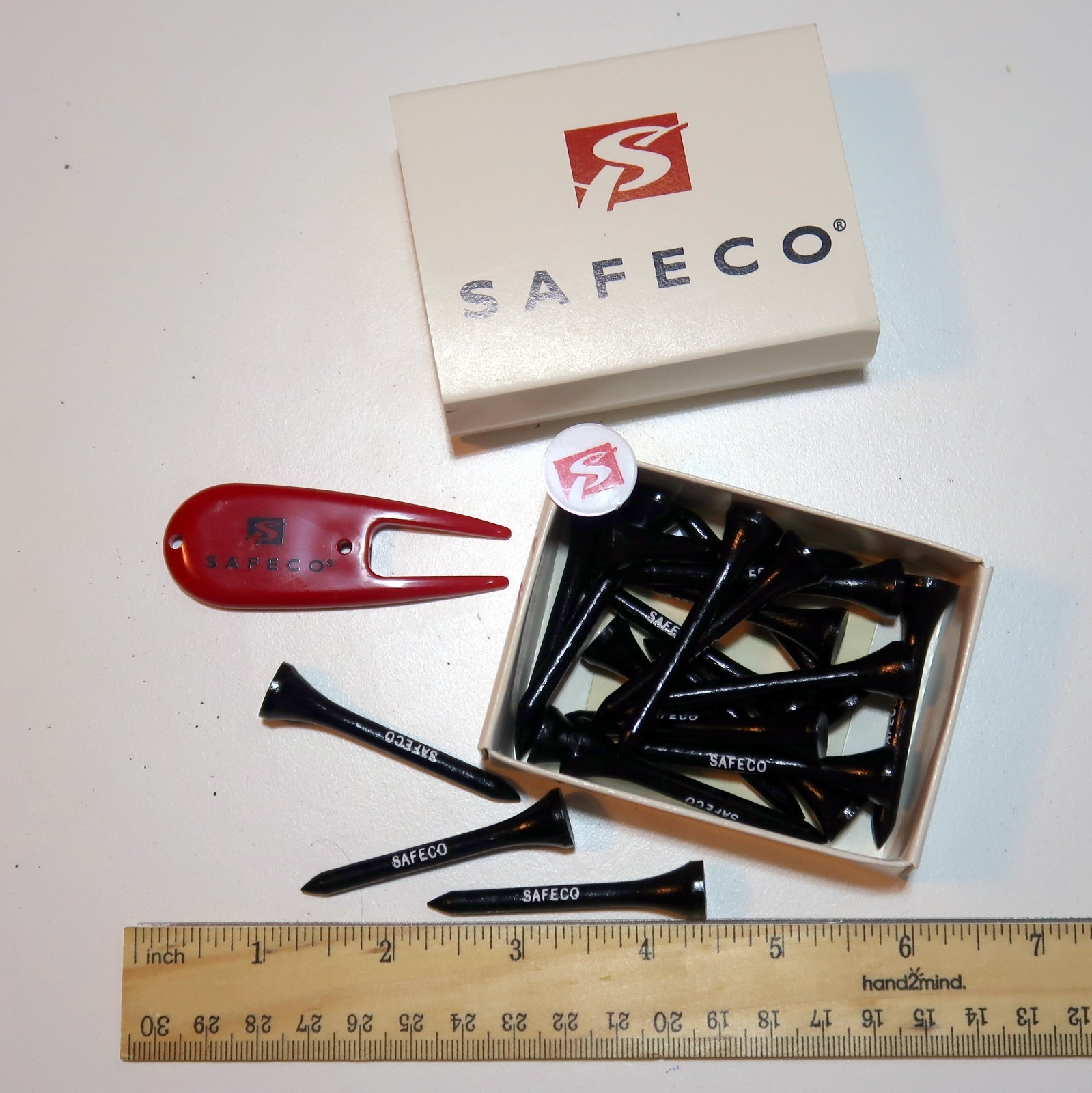 Promotional Safeco Stamped Wood 20x Golf Tees, 1 divot tool, 2 ball markers, box