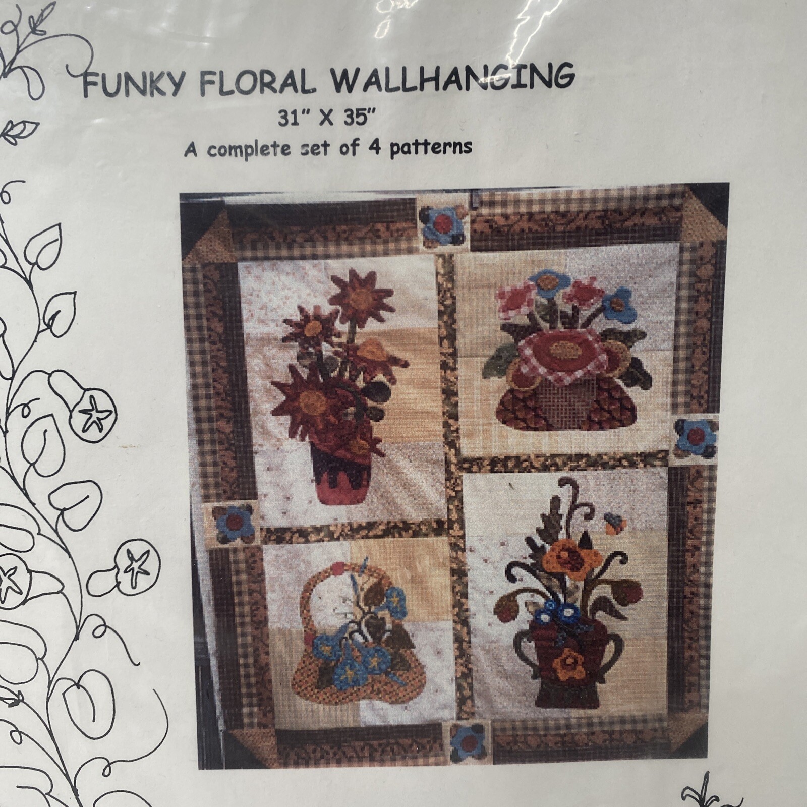 Funky Floral Wallhanging Quilt Pattern Set of 4 Patty Harants Flowers 31" x 35"